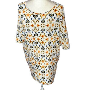 LuLaRoe Womens XS Irma Orange/Blue/Cream Damask S/s Tunic Top